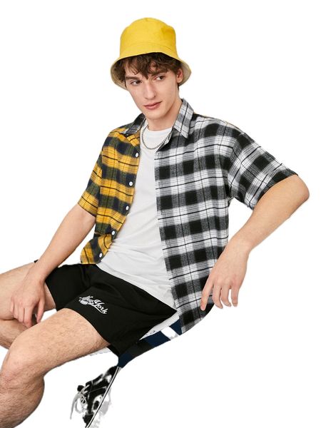 

men 1pc random tartan print shirt 05pj#, White;black