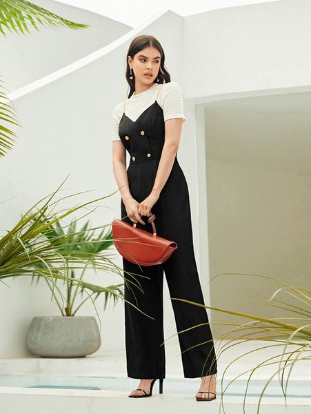 

double breasted chain strap wide leg jumpsuit without y9jk#, Black;white