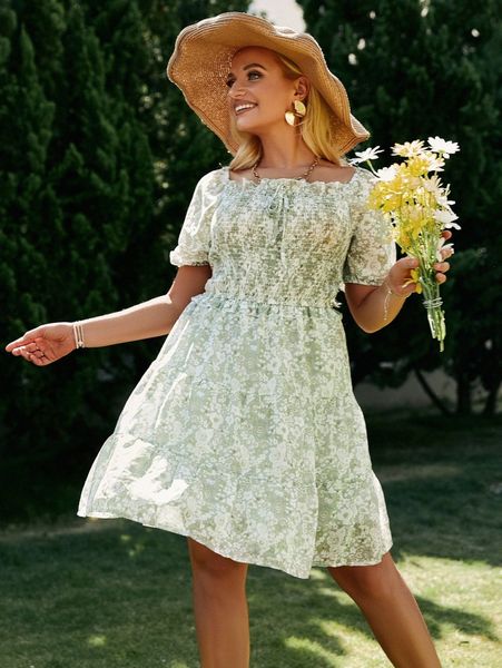 

simplee plus floral print shirred puff sleeve knot front dress e0cn#, Black