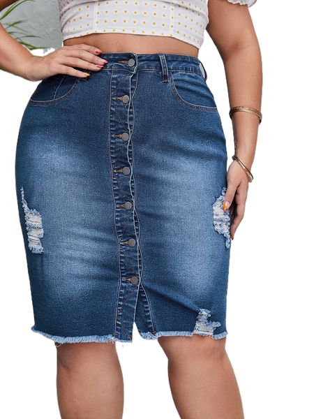 

plus button front ripped raw cut denim skirt m3g5#, Black