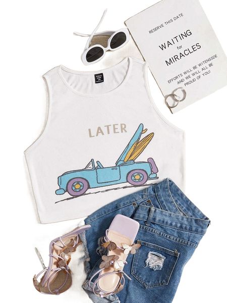 

plus car & letter graphic tank i6n5#, Black