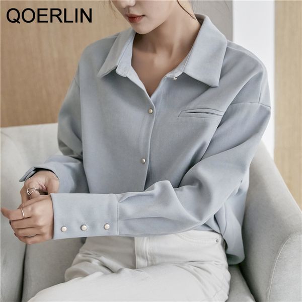 

qoerlin ol workwear minimalist loose blue shirts for women turndown collar solid female shirts spring summer blouses 210412, White