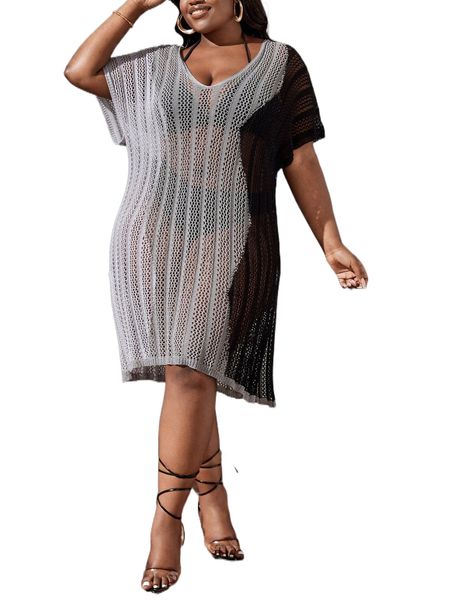 

plus colorblock dolman sleeve cover up dress without bikini set 69xf#, Black