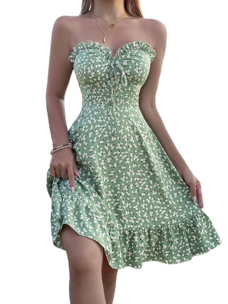 

ditsy floral print knot front ruffle hem tube dress v66k#, Black;gray