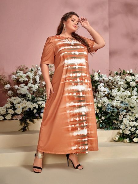 

plus tie dye keyhole neck dress k57d#, Black