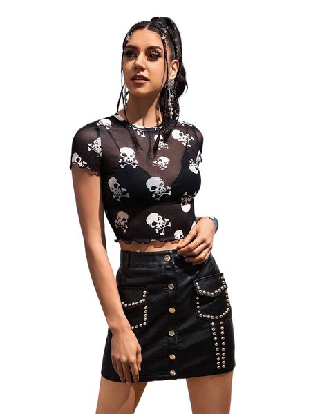 

skull print lettuce trim crop mesh without bra d05r#, White