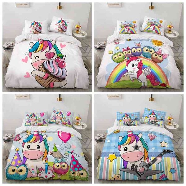 Crianças crianças conjuntos de roupas de cama rosa bebê que rainha king size desenho unicórnio branco capa de edredão mole de edredo duplo duplo colorido colorido