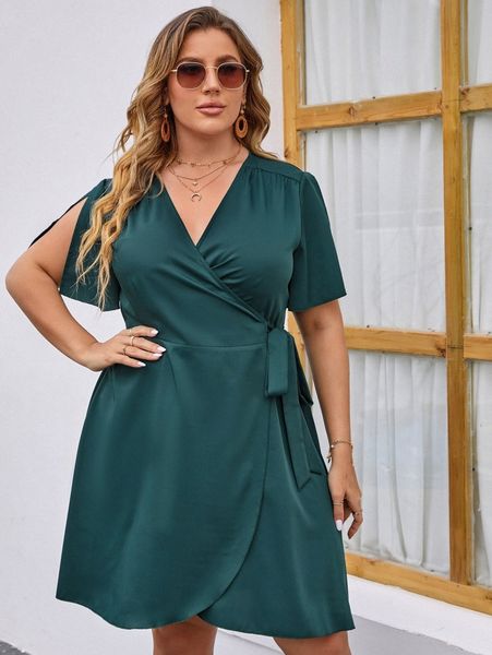

plus slit sleeve tie side wrap dress 85qf#, Black