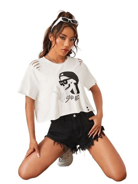 

x dvrkshines skeleton hand & skull print ripped drop shoulder tee x8ut#, White