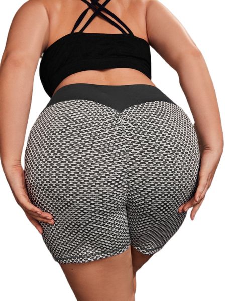 

plus four-way stretch honeycomb textured wide waistband sports shorts with phone pocket z81u#, Black