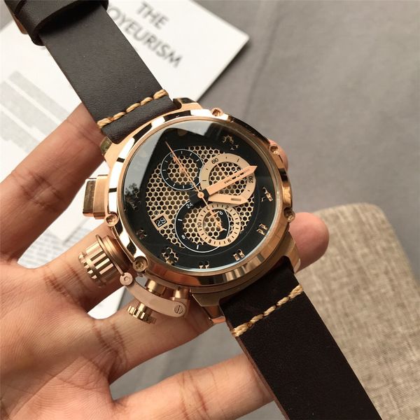 

men's watch, rose gold stainless steel case, high strength glass, leather strap, quartz timing movement, Slivery;brown
