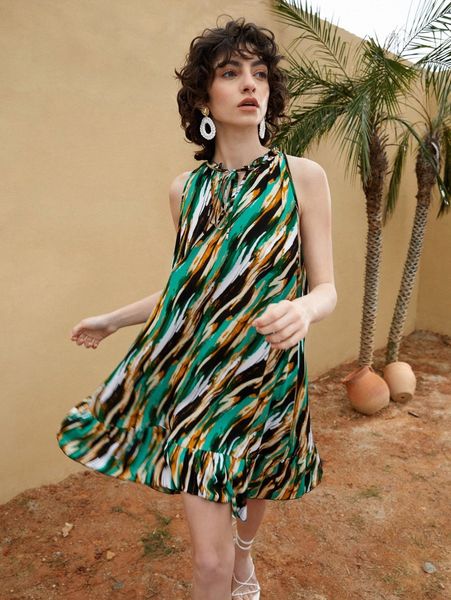 

tie neck ruffle hem tie dye dress z3of#, Black;gray
