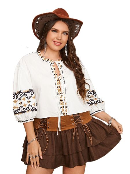 

plus geo print lantern sleeve tie front blouse r5mj#, Black