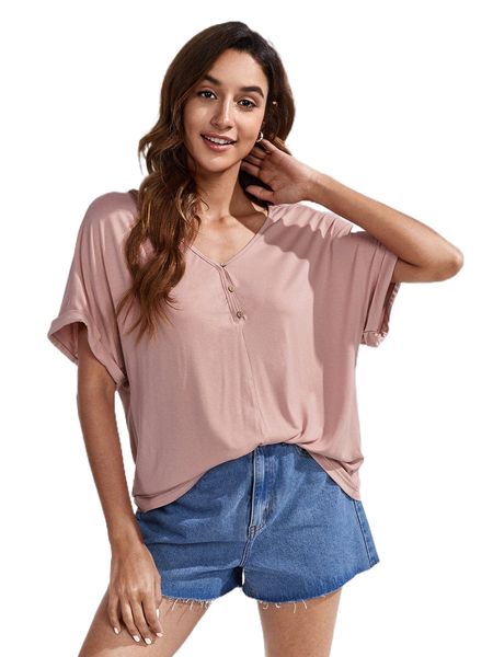 

batwing sleeve quarter button tee r8j2#, White