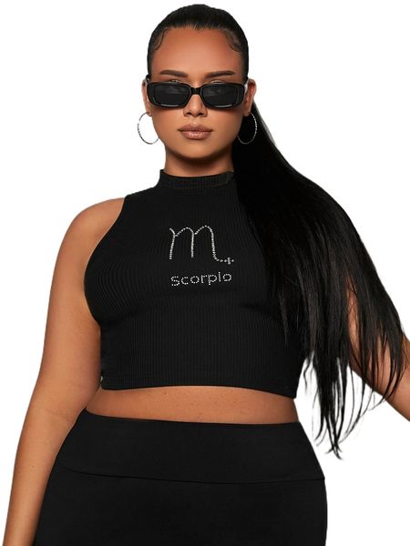 

plus letter & graphic rhinestone tank 255q#, Black