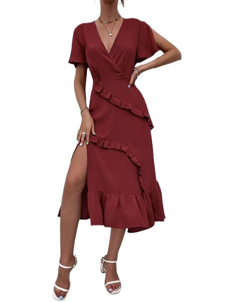 

surplice neck split hem frill trim dress z1ij#, Black;gray