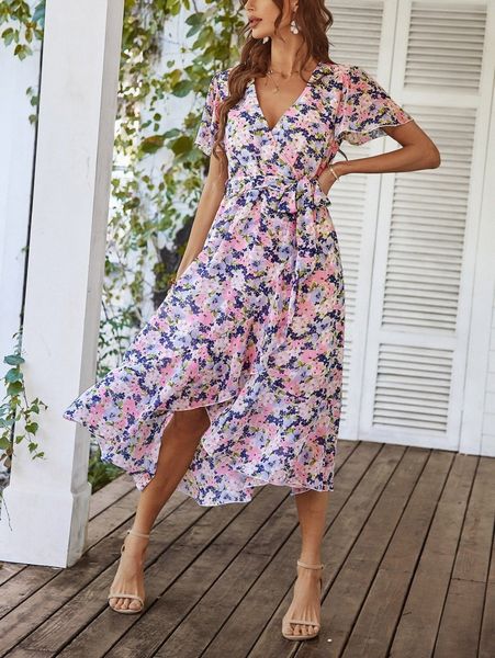 

floral print flutter sleeve ruffle hem belted dress d4ne#, Black;gray