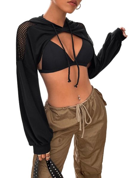 

contrast fishnet drop shoulder drawstring super crop hoodie without bra l7ty#, Black
