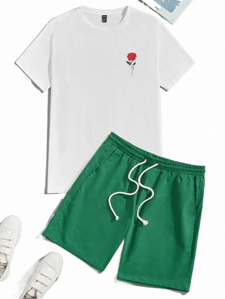 

men rose print tee & drawstring waist shorts u7ih#, Gray