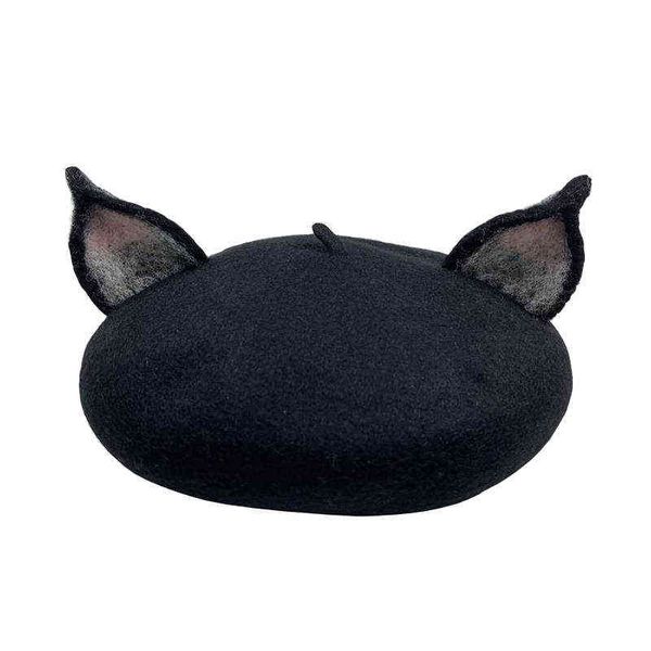 Rh Black Real Wool Felt Fox Ear Warm Beret Caps Cartoon Cosplay Party Head Wear Animal Large Ears Berretti fatti a mano J220722