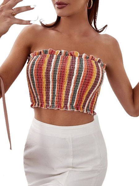 

block striped shirred frill trim crop tube s9ow#, White