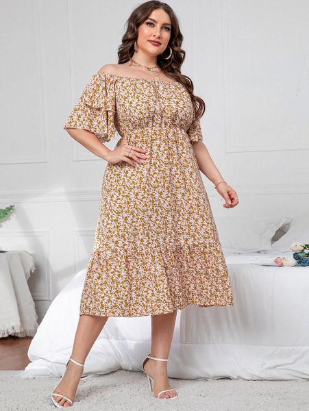 

plus ditsy floral off shoulder layer sleeve ruffle hem dress h2dw#, Black