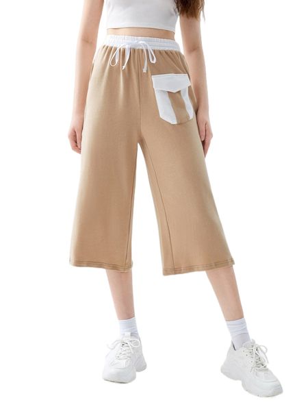 

x ama contrast trim flap pocket tie front wide leg pants z4qh#, Black;white