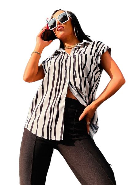

striped patched pocket button front blouse f3h1#, White
