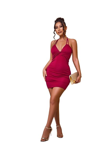 

sxy twist front tie backless halter bodycon dress w2wp#, Black;gray