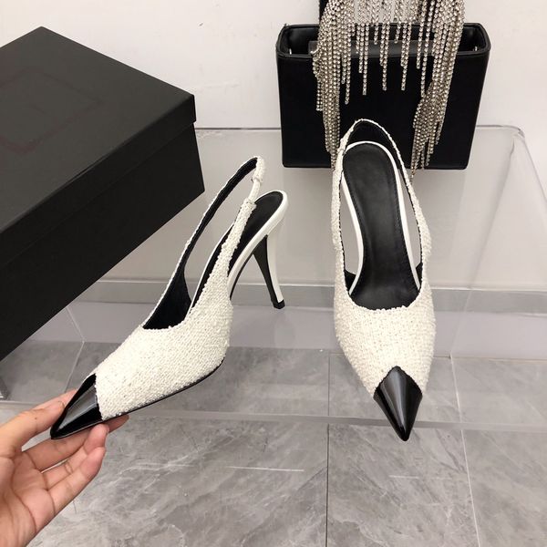 

2022 vesper sandals women blended tweed open heel shallow mouth designer luxury high heels slingback pumps leather metal toe cap comfort wal, Black
