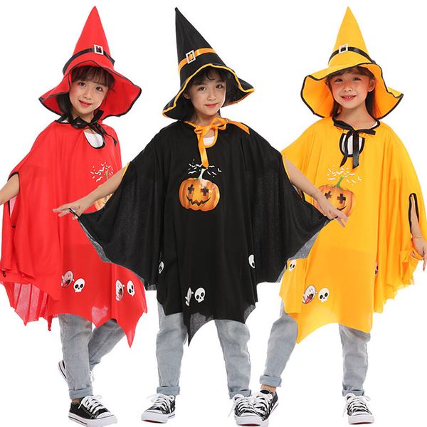 Bambini Halloween Strega Cosplay Spettacolo Costume da zucca Cappello Mantello Set Streghe Abito da mago Abito e cappelli Costume Cape Forniture per feste D032