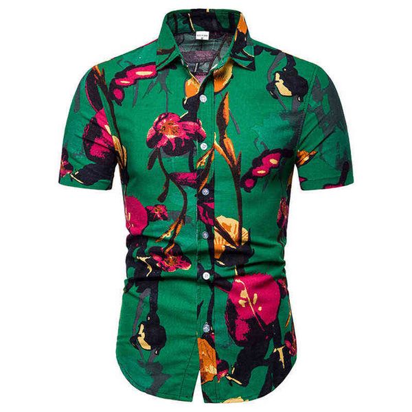 Camicia hawaiana floreale da uomo Slim Fit Chemise Homme 2022 Camicia da uomo a maniche corte nuovissima Camicia da uomo in cotone e lino Camicia casual L220704