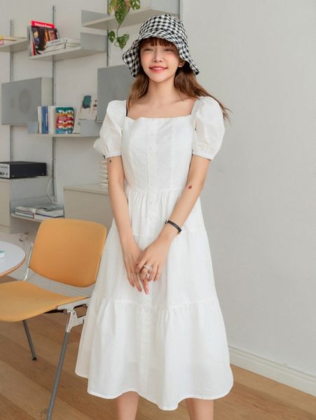 

dazy square neck puff sleeve ruffle hem dress t6zk#, Black;gray