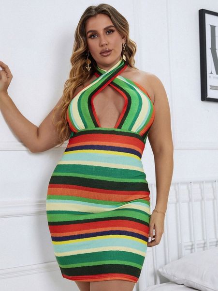 

plus block striped cross wrap backless halter bodycon dress r88i#, Black
