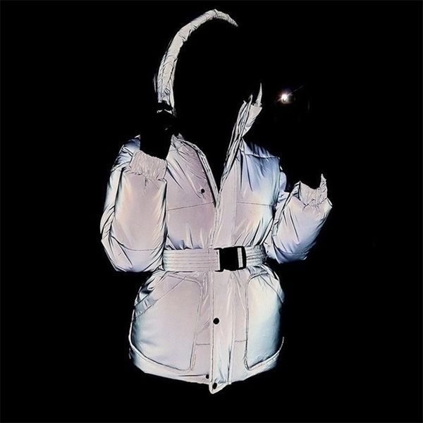 

winter fashion reflective paragraph warm womens jacket women europe and america hooded luminous casual thick belted parkas 201201, Black