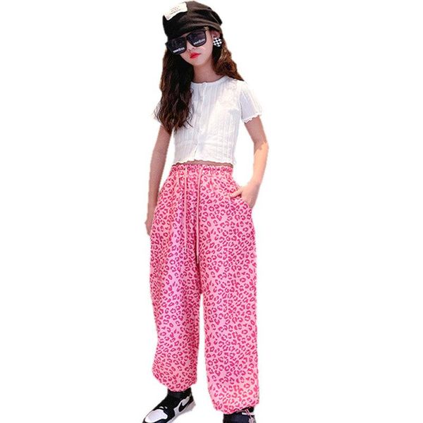 Kleidungssets Teenager Mädchen Sommer Kindermode Crop Tops Rosa Leopardenmuster Hosen Zweiteiliger Anzug Kinder Outfits 4 bis 14 JahreKleidung