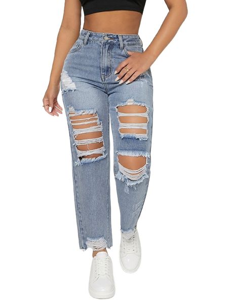 

petite ripped frayed cut out high waist jeans 81xd#, Blue