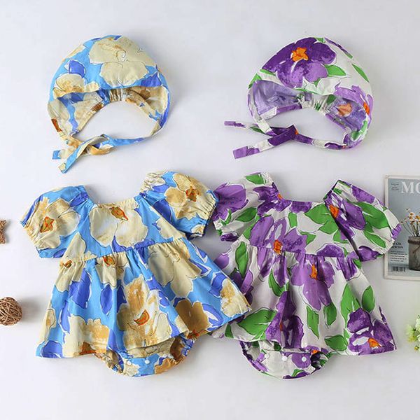 

infant baby girls rompers dress floral print square neck short sleeve tutu jumpsuits summer casual bodysuits with hat, White