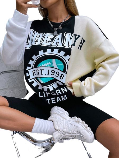

colorblock and letter graphic oversized sweatshirt 18un#, Black