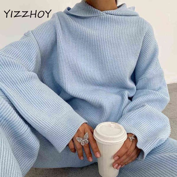 

yizzhoy spring new knitted sweat suits women matching sets long sleeve hoodie wide-legged pants sweater set two piece outfits t220729, Gray