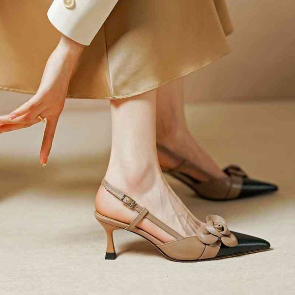 

sandals french elegant flower baotou back empty sandals summer pointed thin heel simple color matching srfm, Black