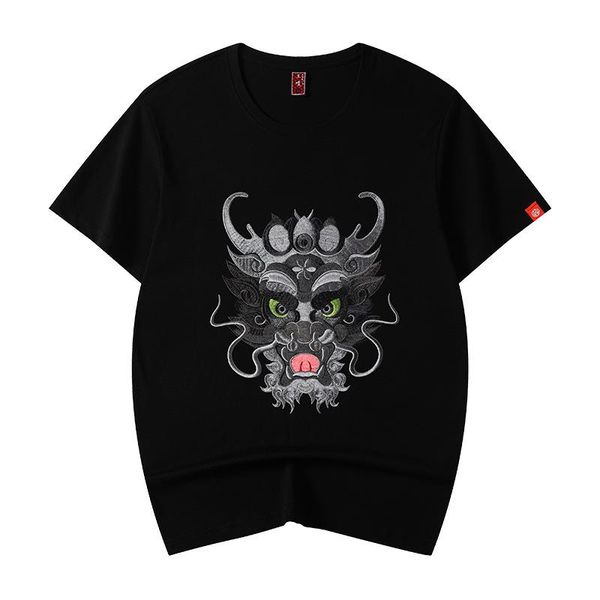 

2023ssmen's t-shirts summer trendy brand dragon embroidery national tide chinese style cotton loose round neck short-sleeved t-shirt me, White;black