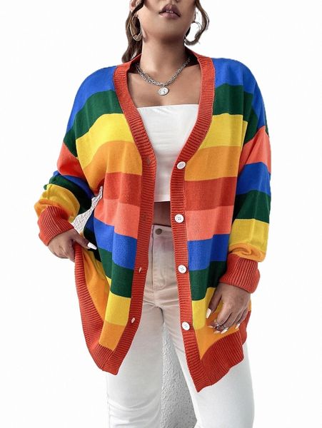 

plus rainbow stripe pattern drop shoulder cardigan s2r5#, Black
