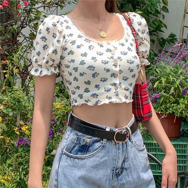 

women summer floral printed tshirt puff sleeve uneck buttons slim exposed navel shirt ladies fashion sweet clothes 220615, White