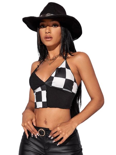 

contrast plaid print backless crop q0zk#, White