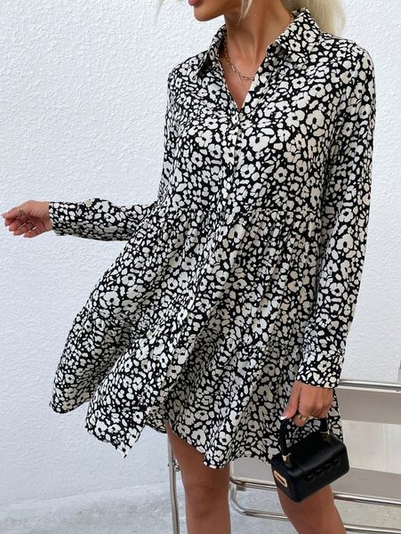 

allover floral print ruffle hem smock dress a7xg#, Black;gray