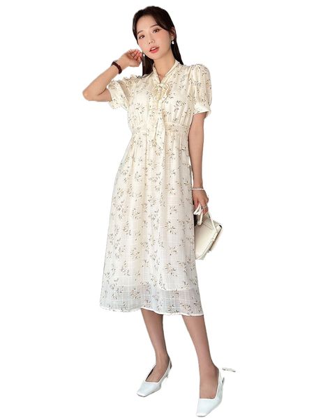 

dazy floral print tie neck puff sleeve dress f8ud#, Black;gray