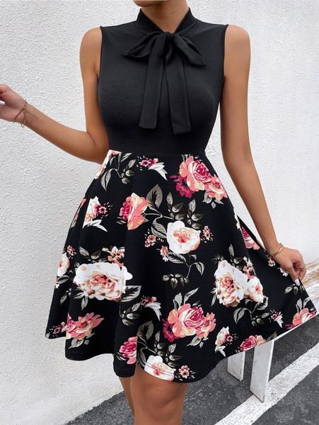

tie neck floral print combo dress 300e#, Black;gray