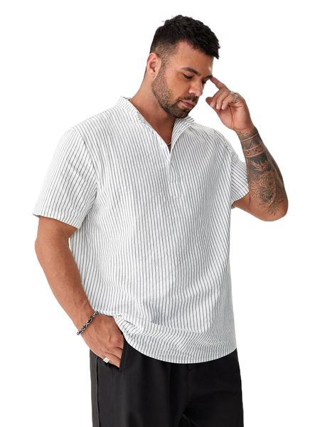 

extended sizes men pinstriped half button shirt b4by#, White;black