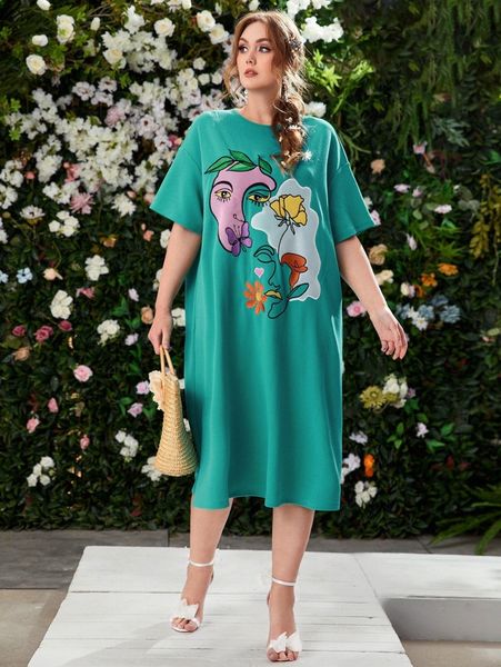 

plus figure & floral print tee dress s5d9#, Black